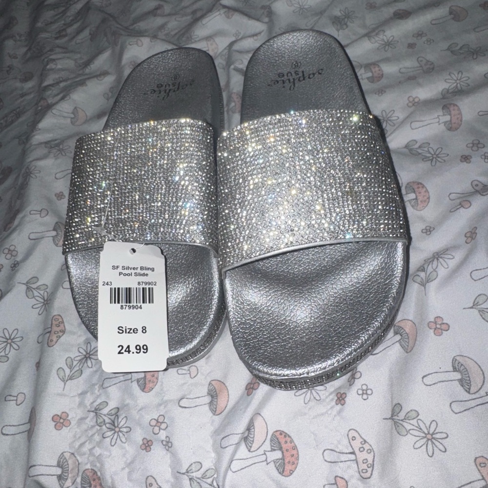 Silver Bling Pool Slide Sandals - Size 8